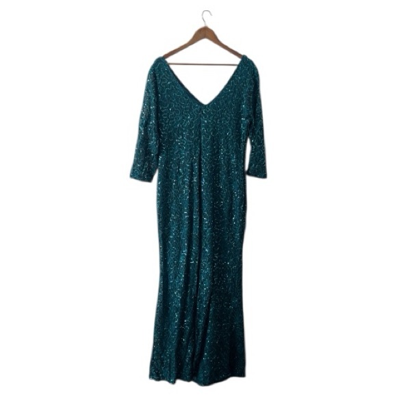Marina Teal Lace Sparkle Sequin Long Sleeve Maxi Dress Mother Bride Groom Sz 16 - Picture 2 of 7